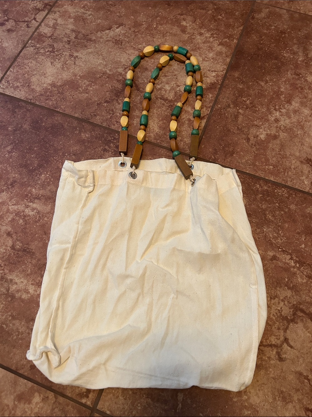 Canvas Tote Bag with Green and Natural Wood Beaded Handles